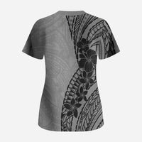 Black Gray Polynesia Tropical Flowers Scrub Top LT14 - Polynesian Pride