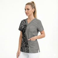 Black Gray Polynesia Tropical Flowers Scrub Top LT14 - Polynesian Pride