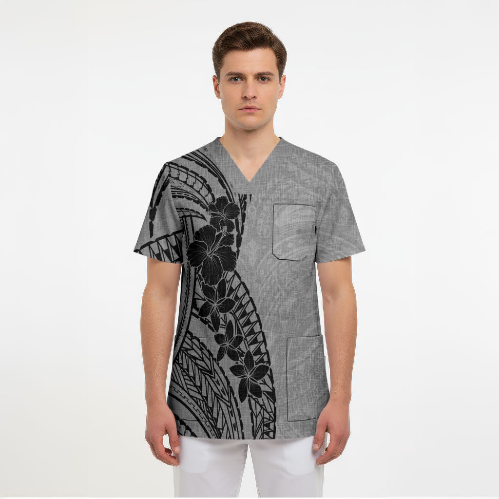 Black Gray Polynesia Tropical Flowers Scrub Top LT14 - Polynesian Pride