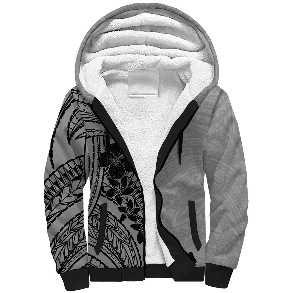Black Gray Polynesia Tropical Flowers Sherpa Hoodie