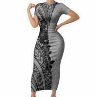 Black Gray Polynesia Tropical Flowers Short Sleeve Bodycon Dress LT14 Long Dress Gray - Polynesian Pride