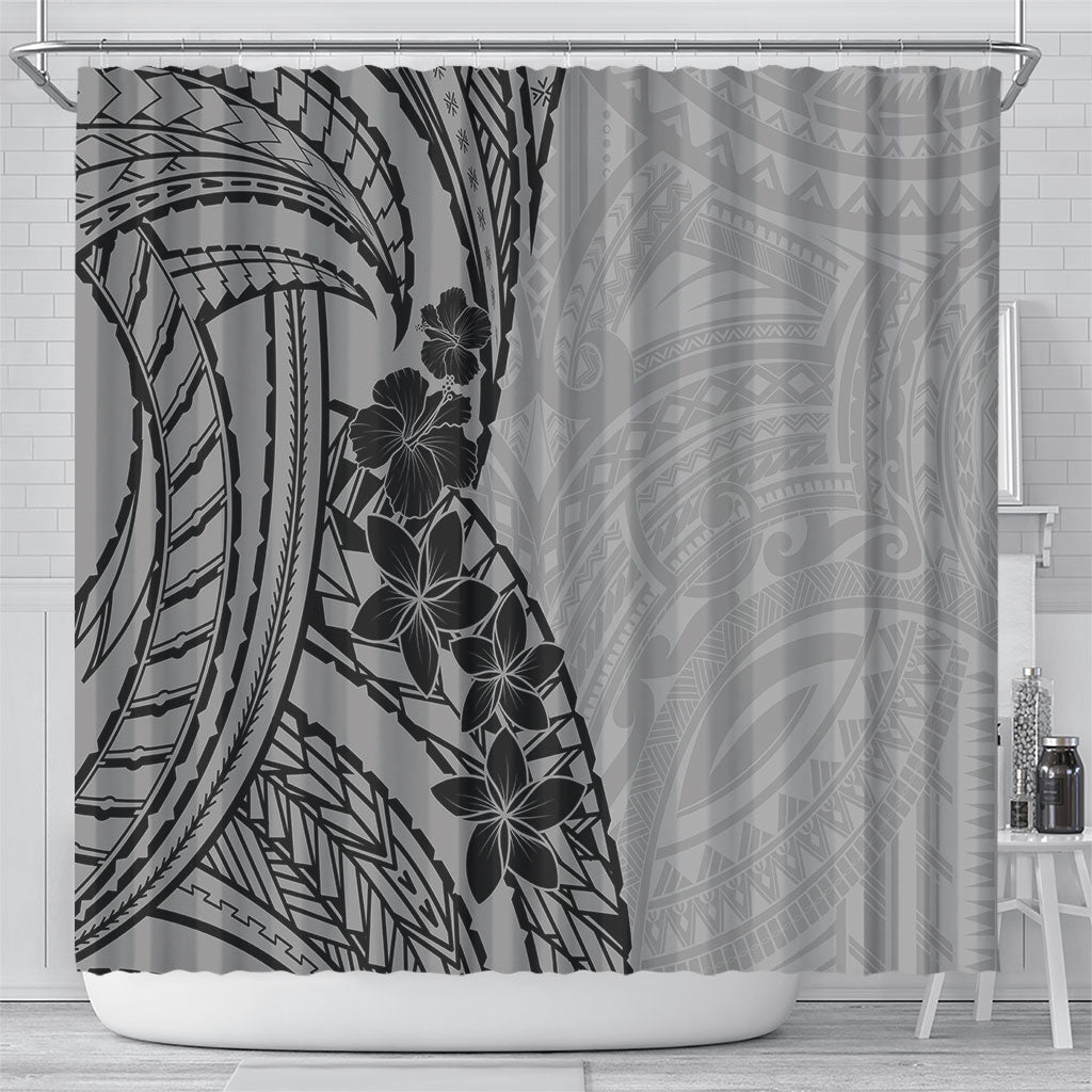 Black Gray Polynesia Tropical Flowers Shower Curtain