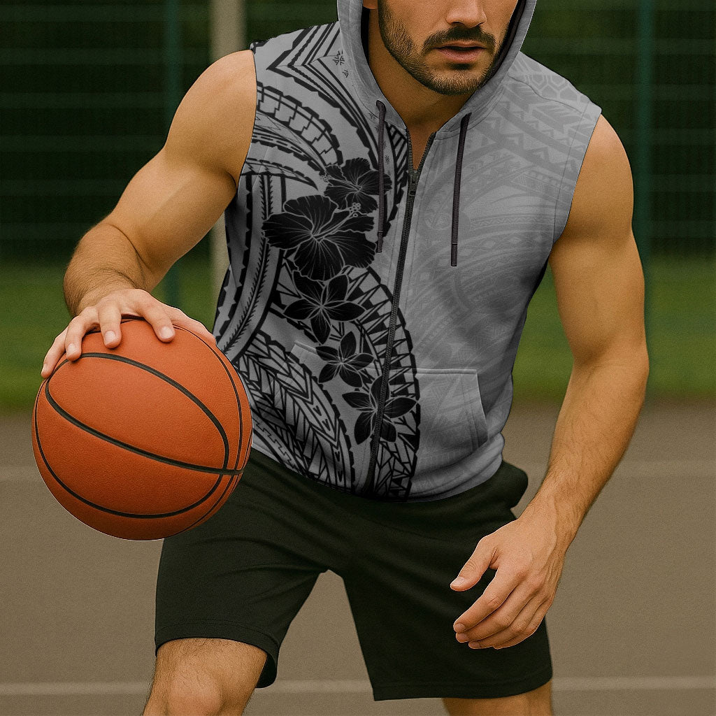 Black Gray Polynesia Tropical Flowers Sleeveless Zip Hoodie LT14 - Polynesian Pride