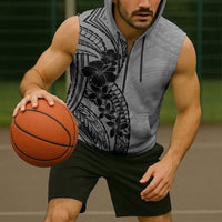 Black Gray Polynesia Tropical Flowers Sleeveless Zip Hoodie LT14 - Polynesian Pride