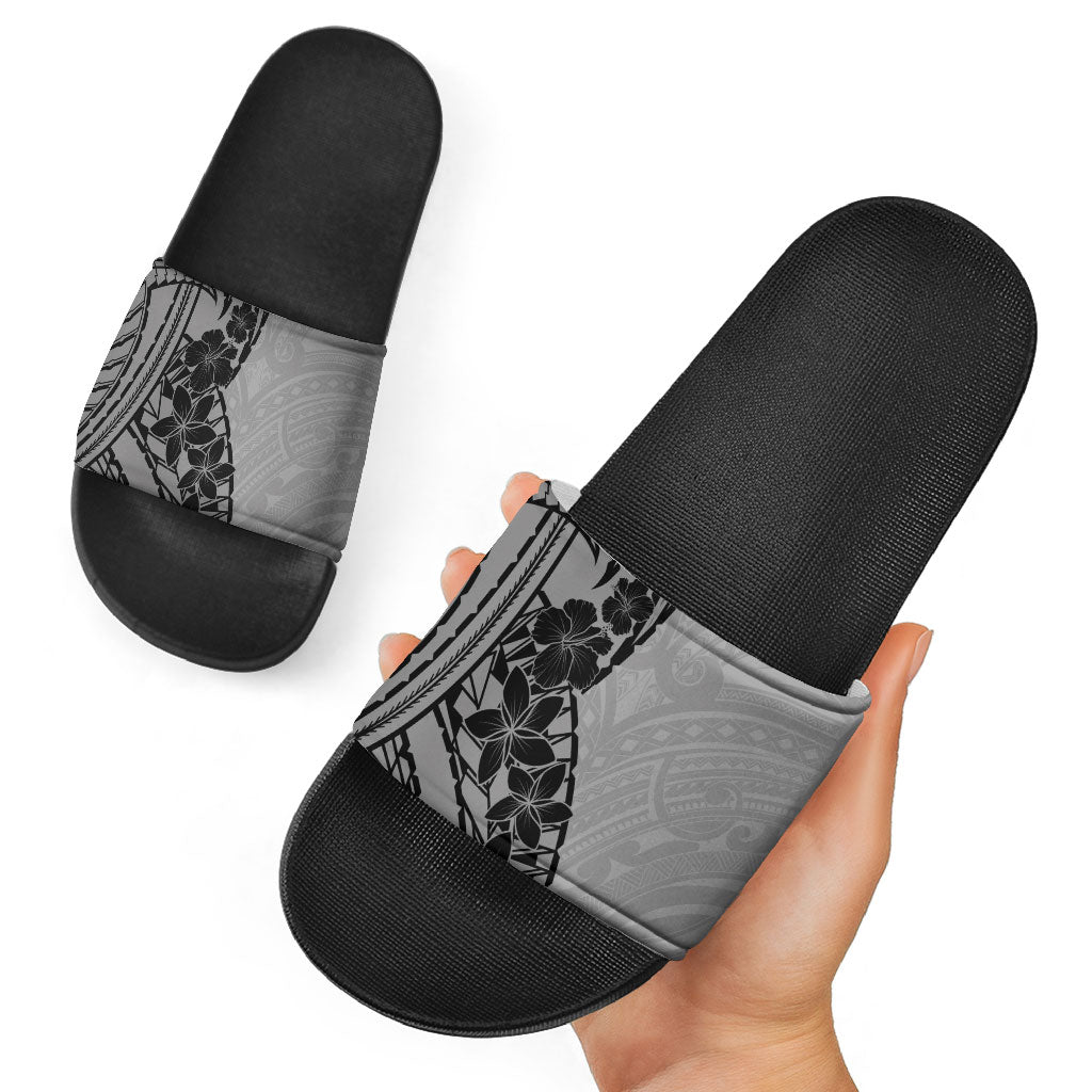 Black Gray Polynesia Tropical Flowers Slide Sandals LT14 - Polynesian Pride