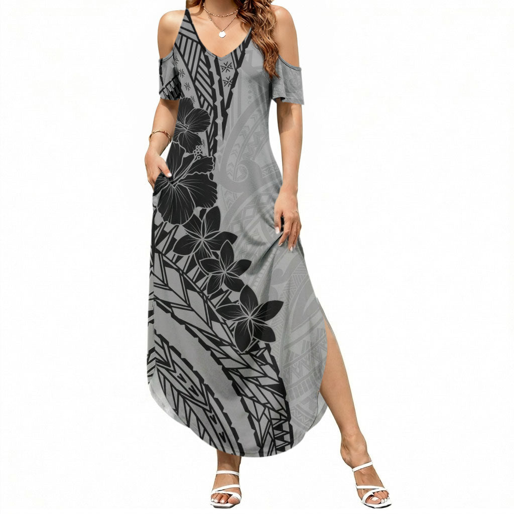 Black Gray Polynesia Tropical Flowers Summer Maxi Dress