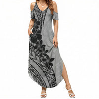 Black Gray Polynesia Tropical Flowers Summer Maxi Dress