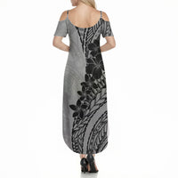 Black Gray Polynesia Tropical Flowers Summer Maxi Dress