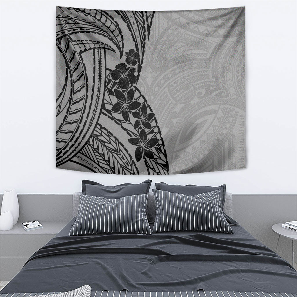 Black Gray Polynesia Tropical Flowers Tapestry