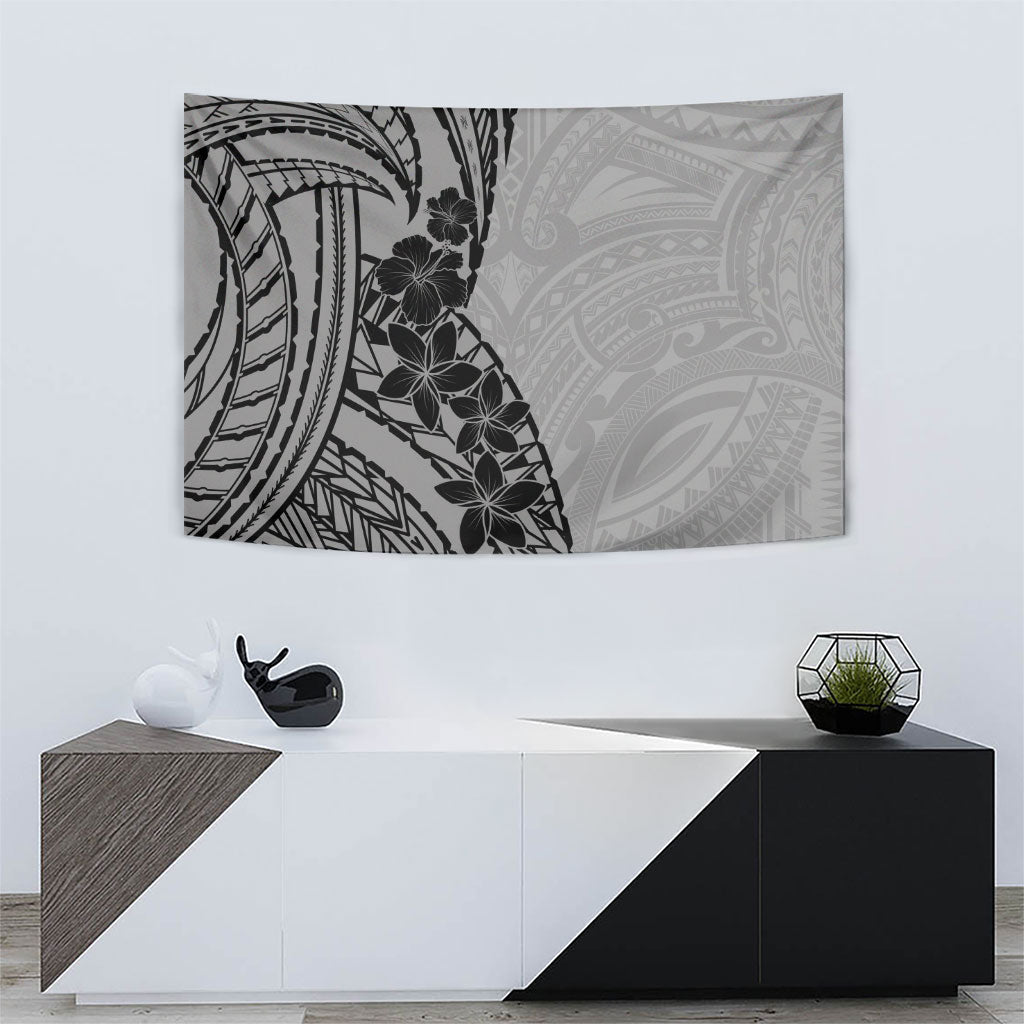 Black Gray Polynesia Tropical Flowers Tapestry