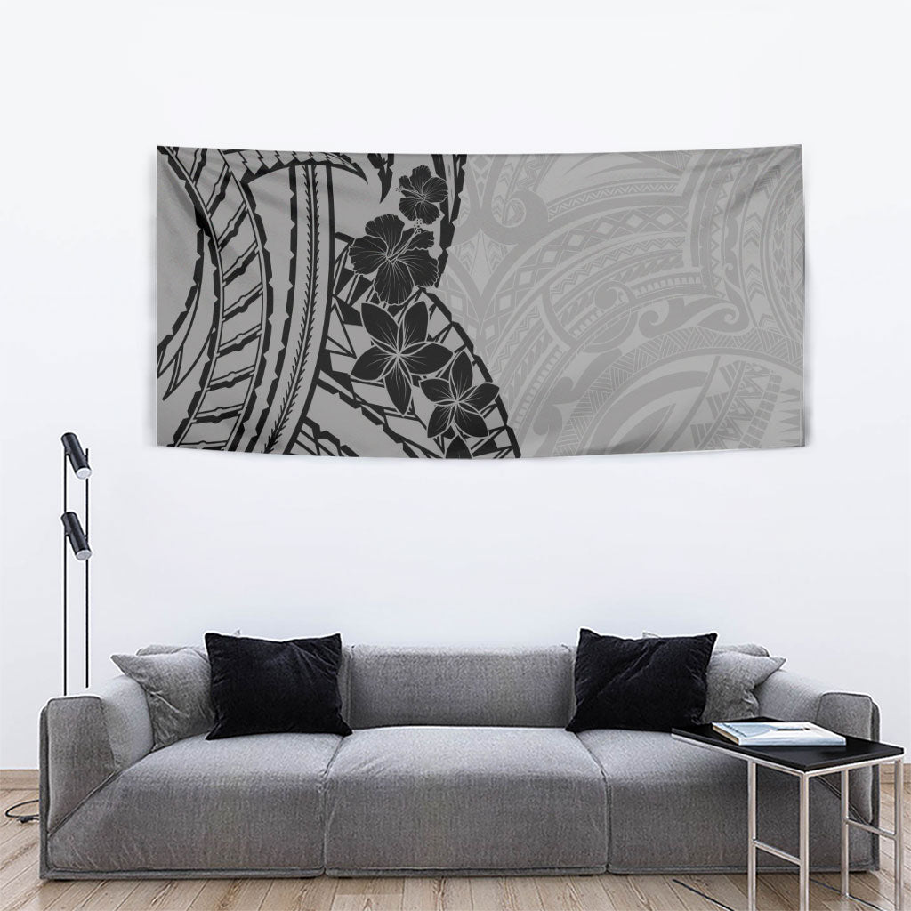 Black Gray Polynesia Tropical Flowers Tapestry