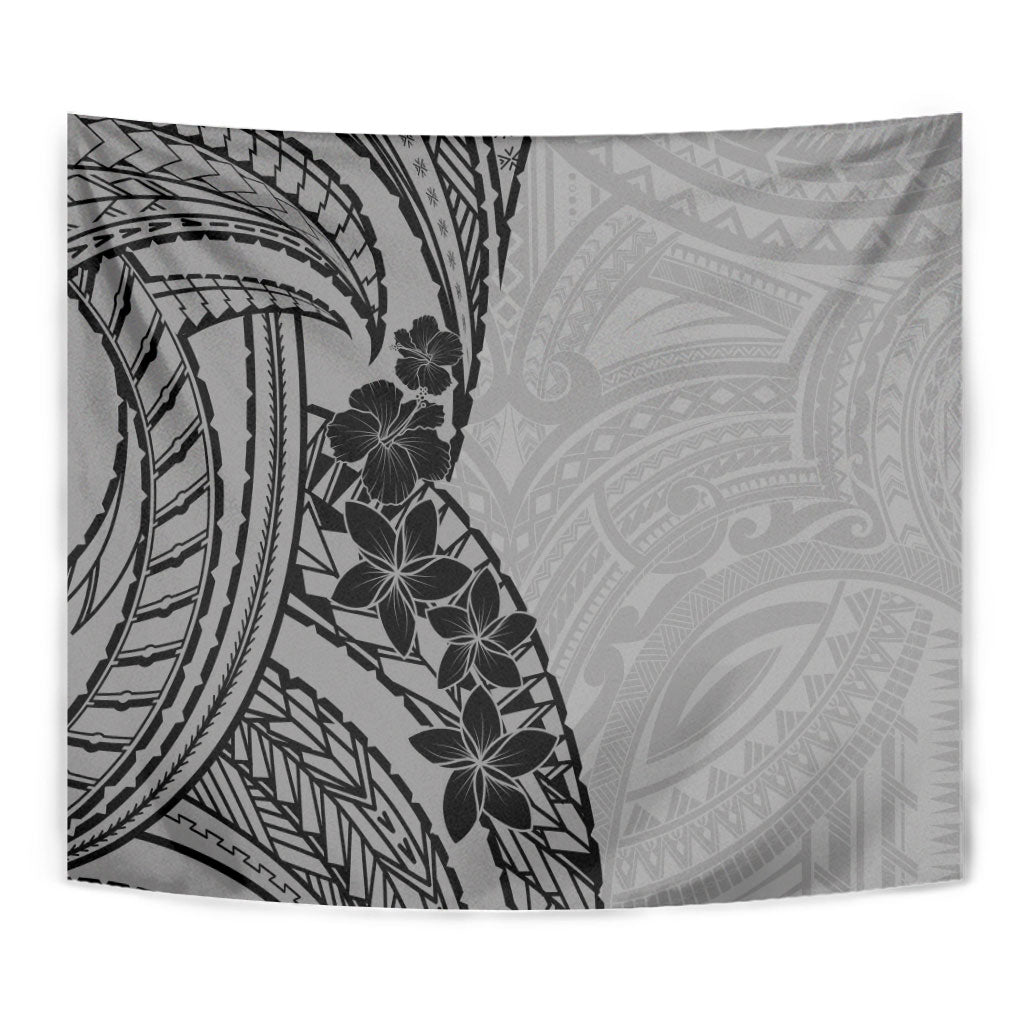 Black Gray Polynesia Tropical Flowers Tapestry