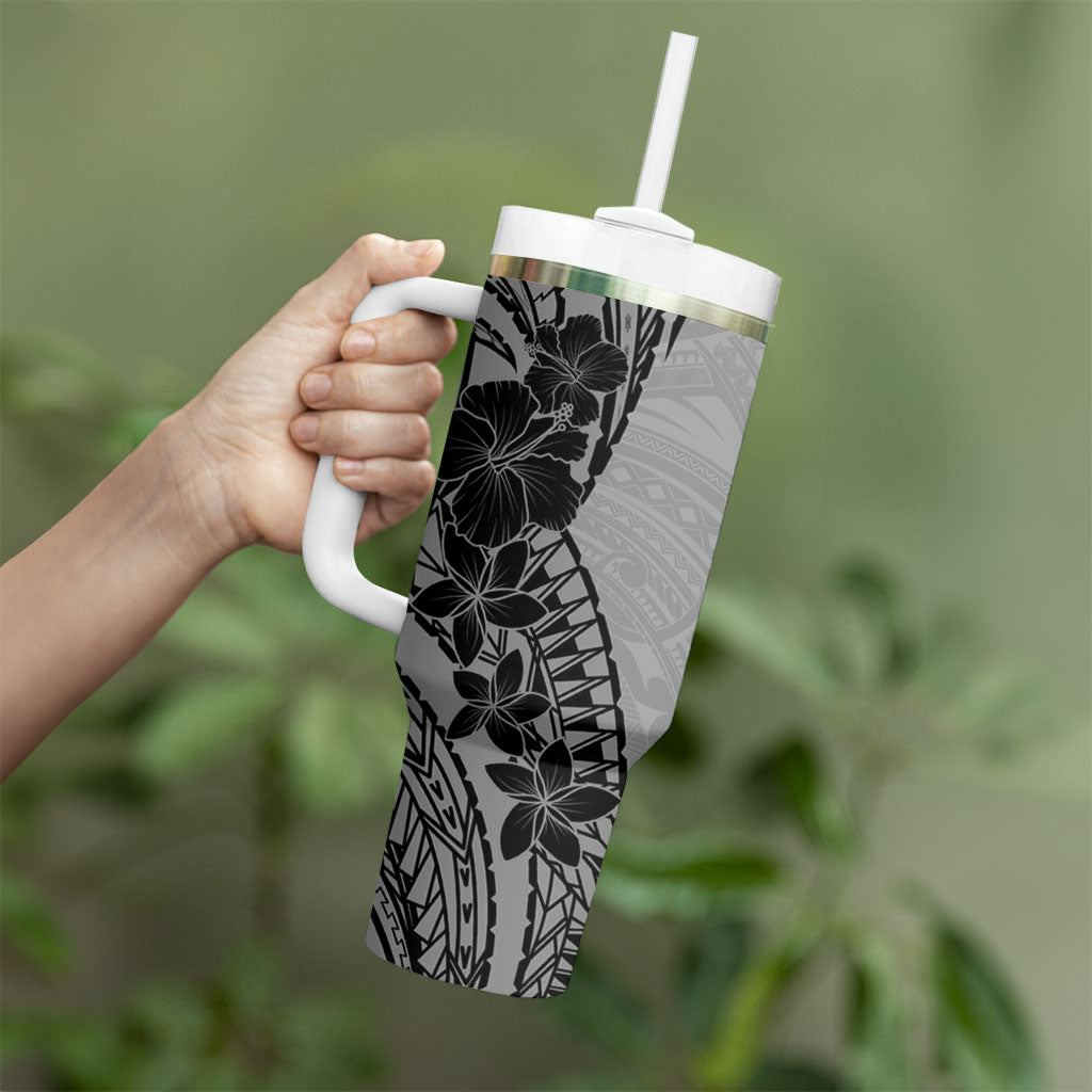 Black Gray Polynesia Tropical Flowers Tumbler With Handle