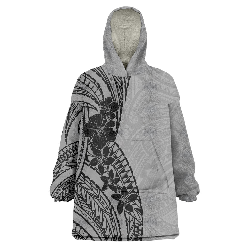 Black Gray Polynesia Tropical Flowers Wearable Blanket Hoodie LT14 One Size Gray - Polynesian Pride