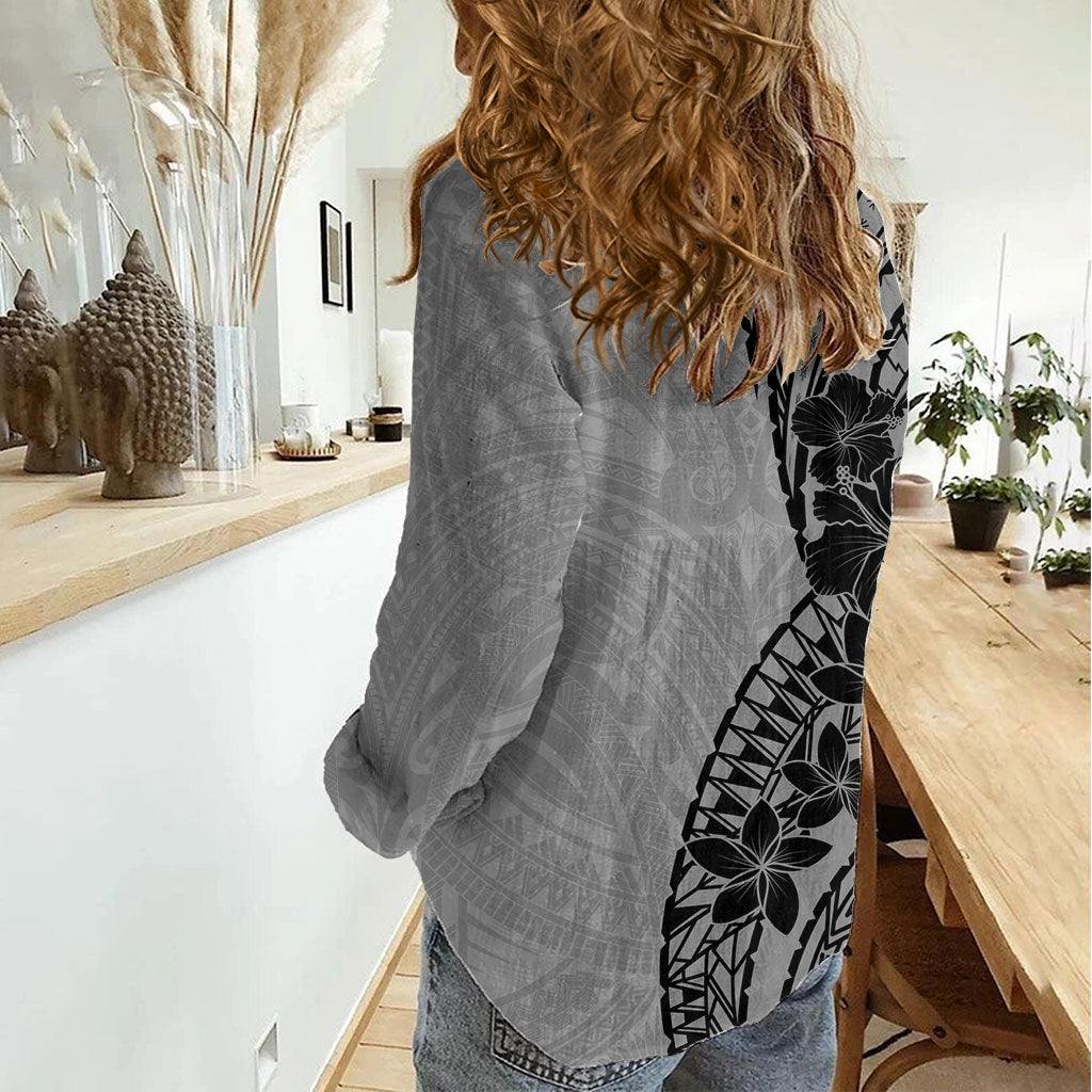 Black Gray Polynesia Tropical Flowers Women Casual Shirt