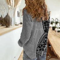 Black Gray Polynesia Tropical Flowers Women Casual Shirt