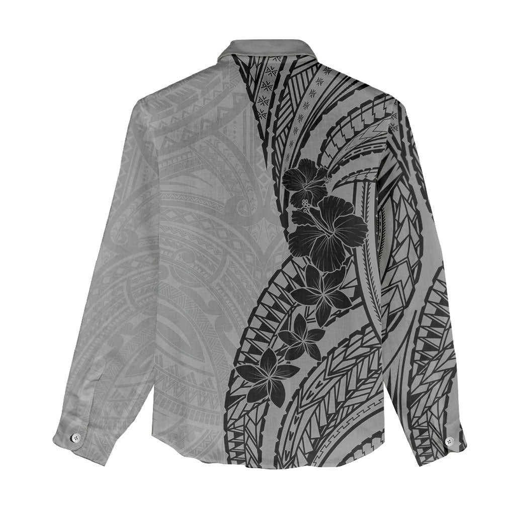 Black Gray Polynesia Tropical Flowers Women Casual Shirt
