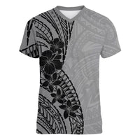 Black Gray Polynesia Tropical Flowers Women V-Neck T-Shirt
