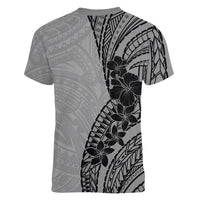 Black Gray Polynesia Tropical Flowers Women V-Neck T-Shirt