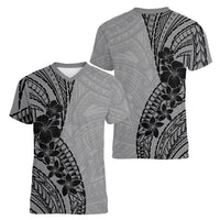 Black Gray Polynesia Tropical Flowers Women V-Neck T-Shirt