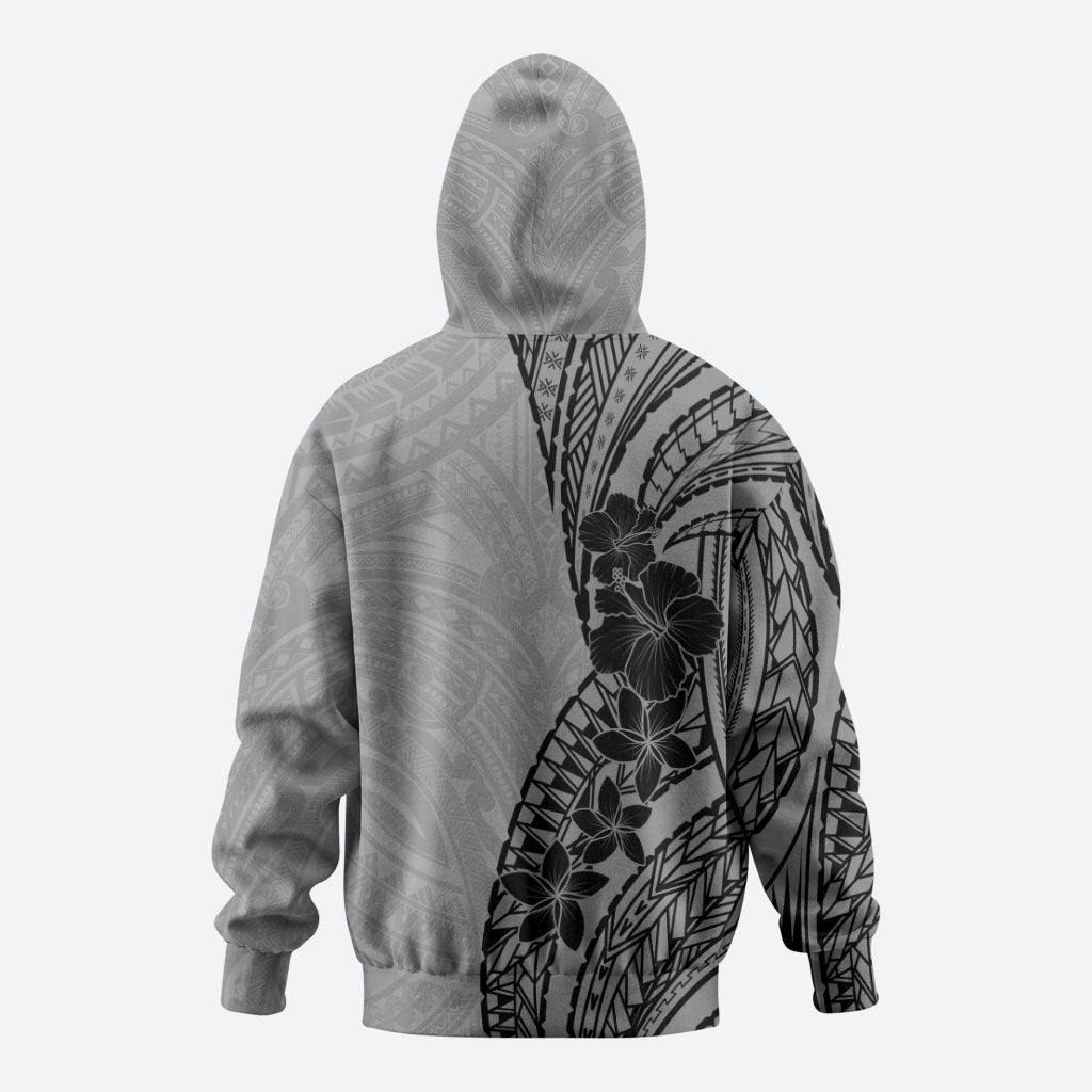Black Gray Polynesia Tropical Flowers Zip Hoodie
