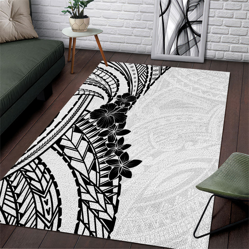 Black White Polynesia Tropical Flowers Area Rug