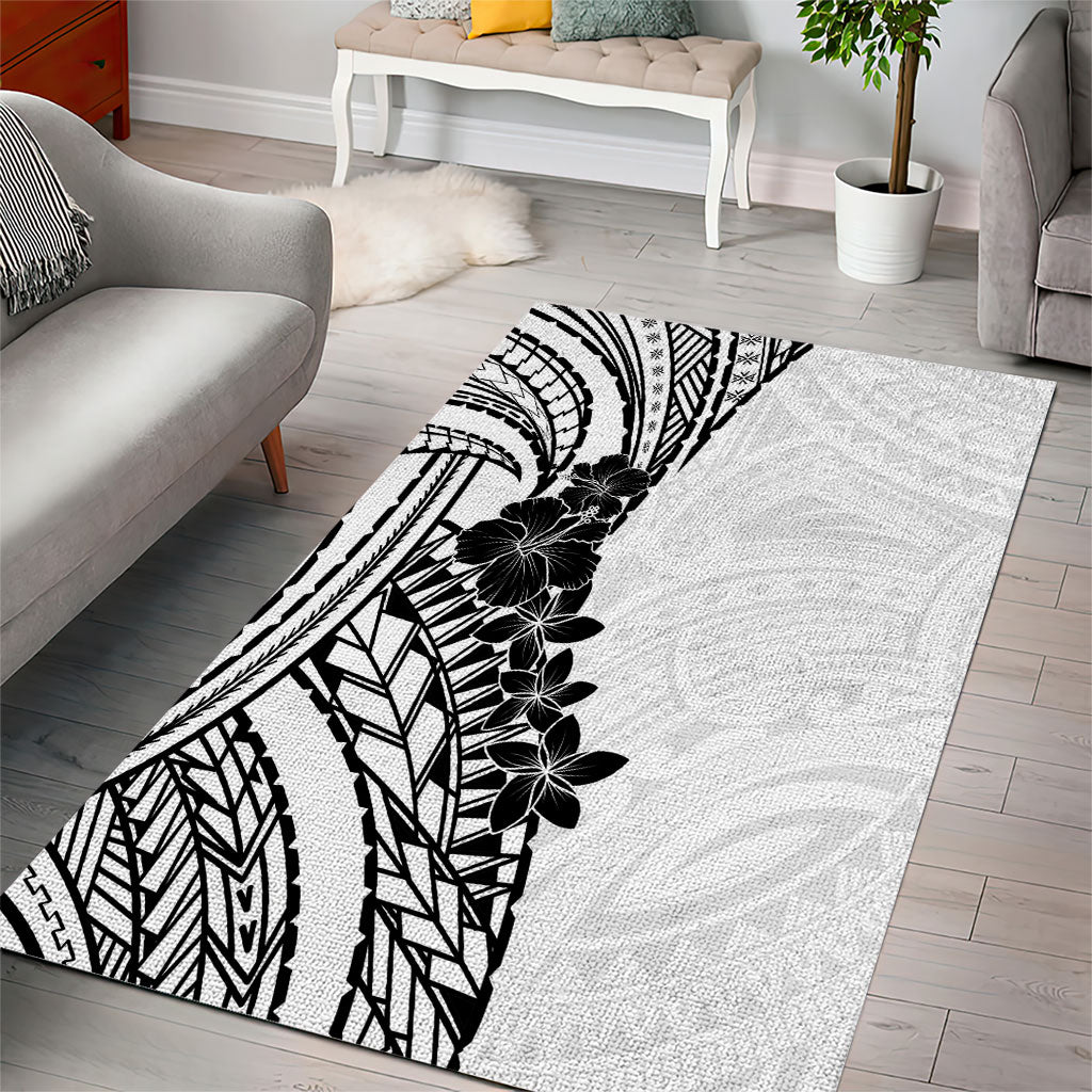 Black White Polynesia Tropical Flowers Area Rug