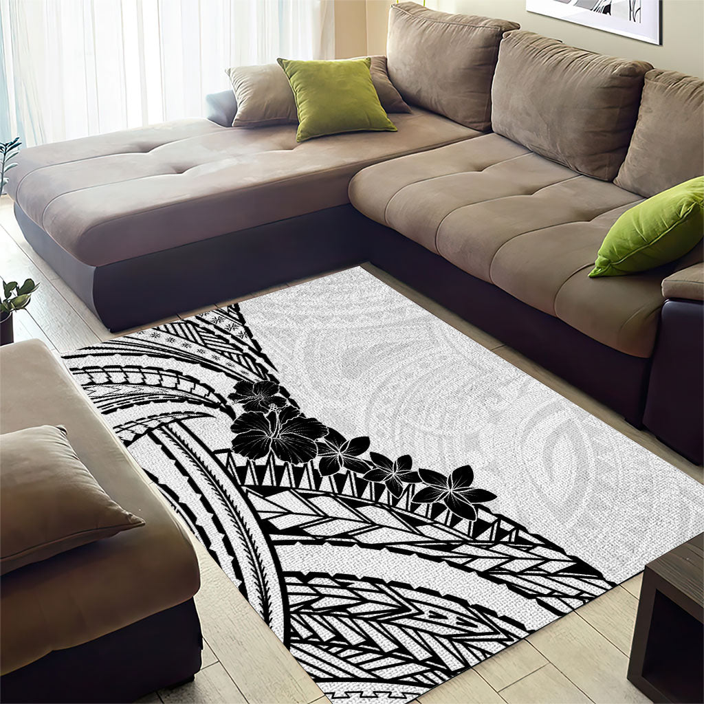 Black White Polynesia Tropical Flowers Area Rug