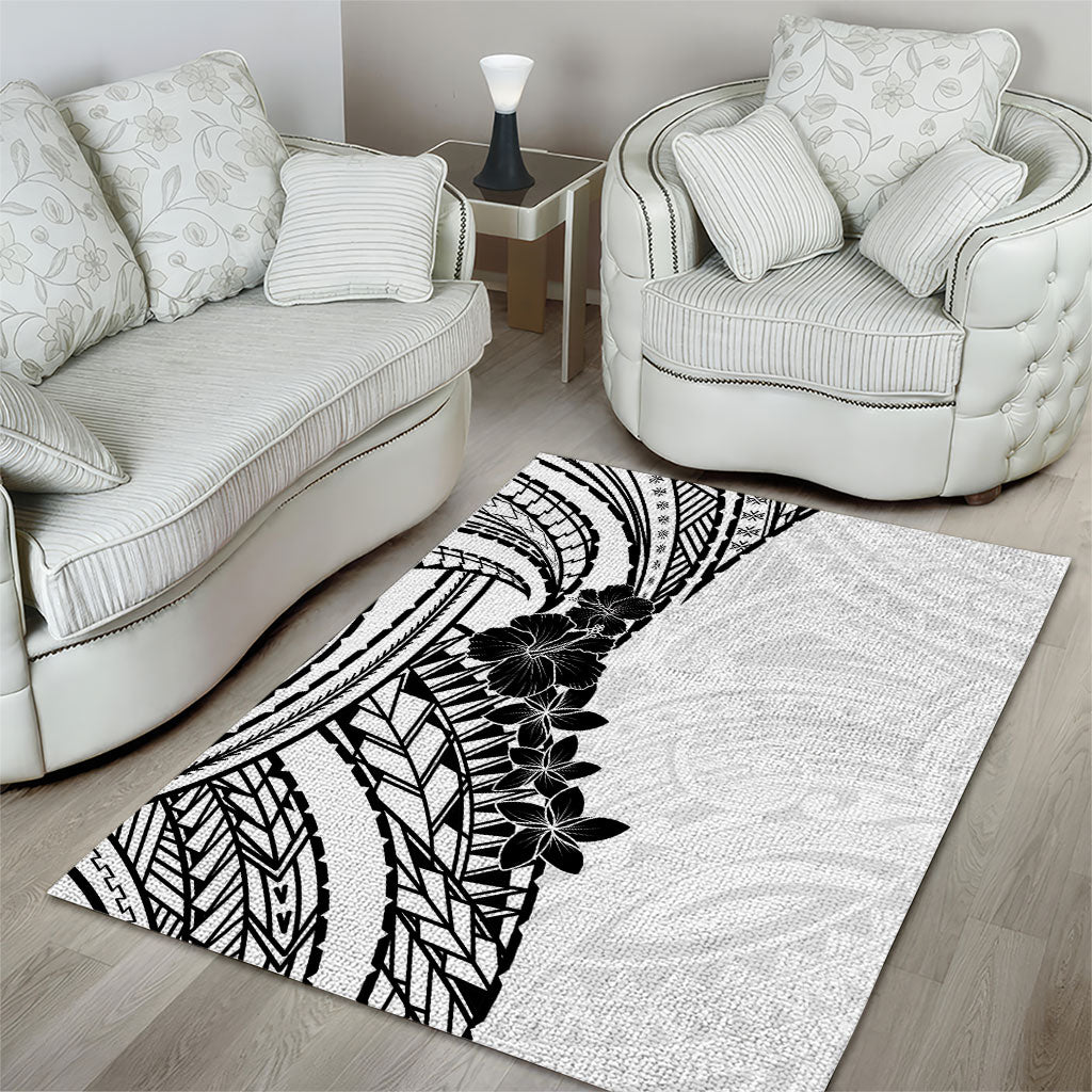 Black White Polynesia Tropical Flowers Area Rug