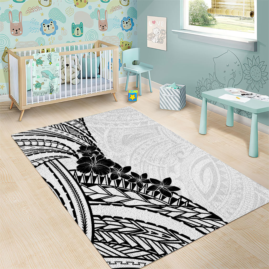 Black White Polynesia Tropical Flowers Area Rug