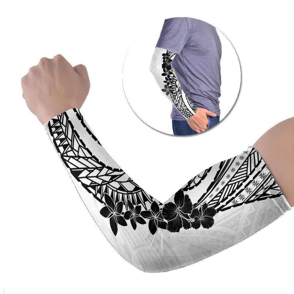 Black White Polynesia Tropical Flowers Arm Sleeves LT14 Set of 2 White - Polynesian Pride