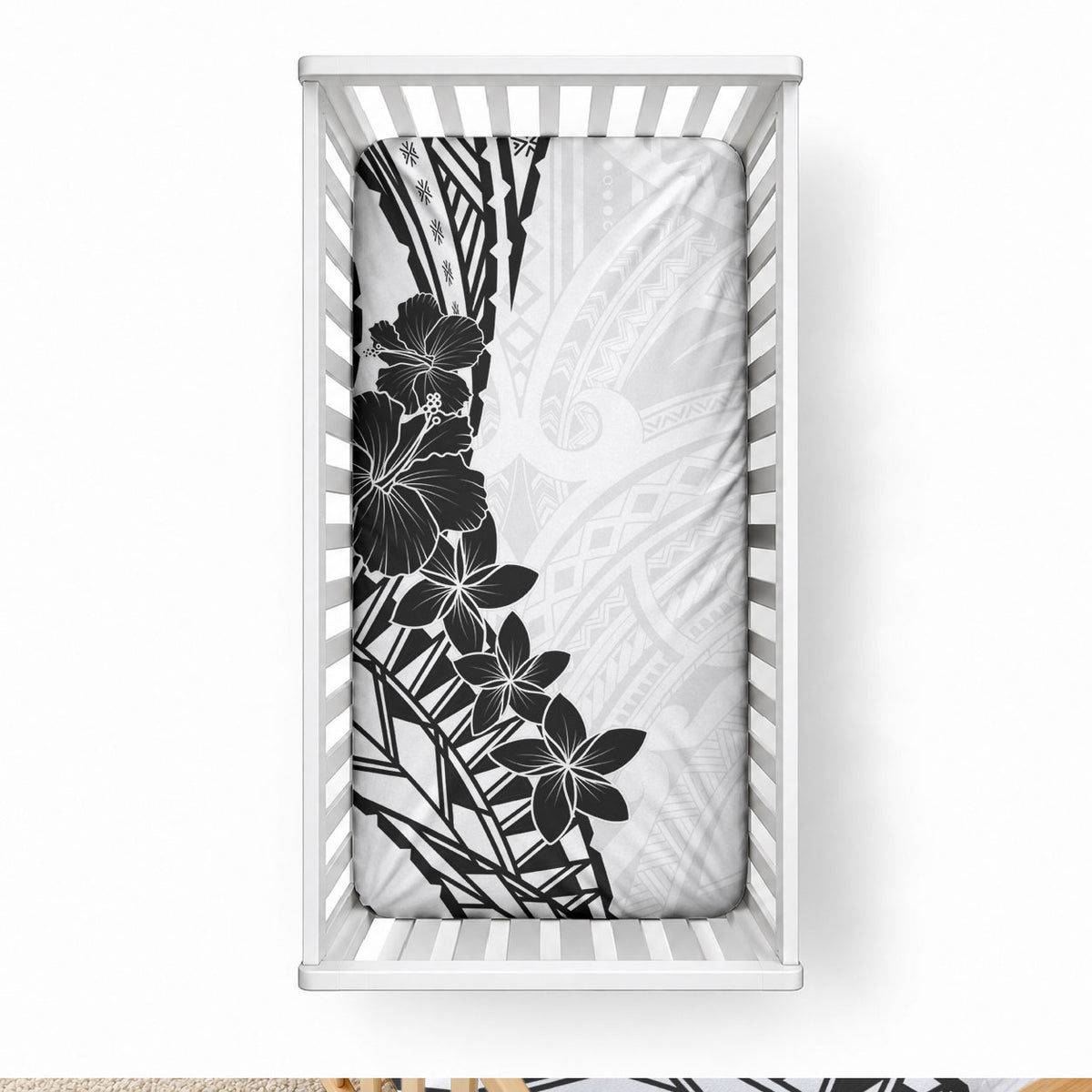 Black White Polynesia Tropical Flowers Baby Bed Cover