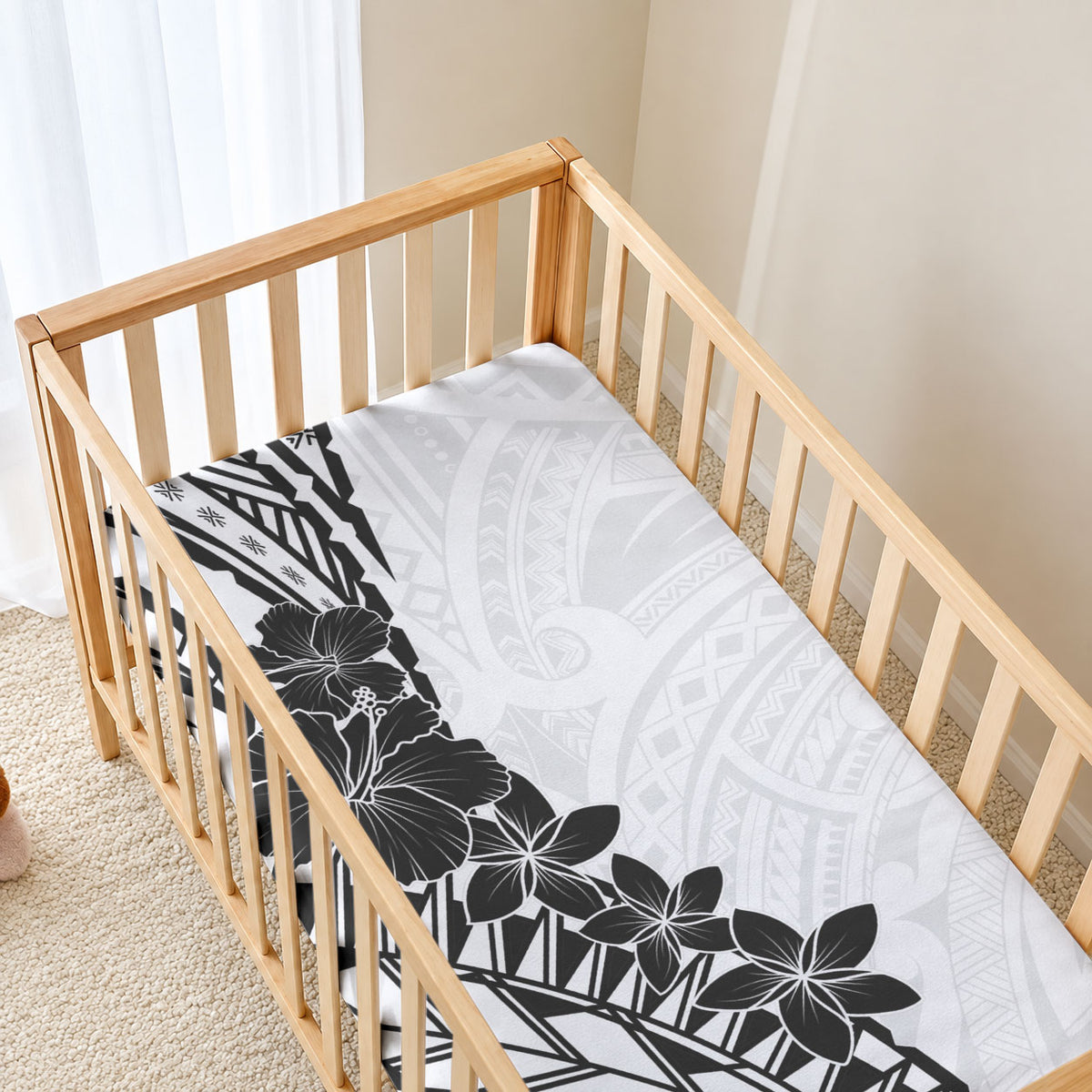 Black White Polynesia Tropical Flowers Baby Bed Cover