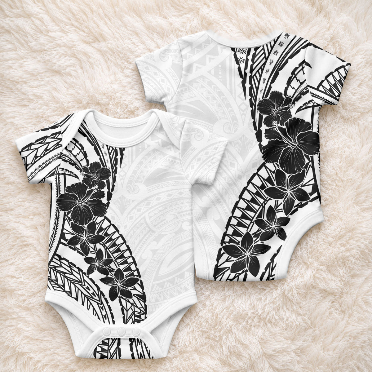Black White Polynesia Tropical Flowers Baby Onesie LT14 - Polynesian Pride