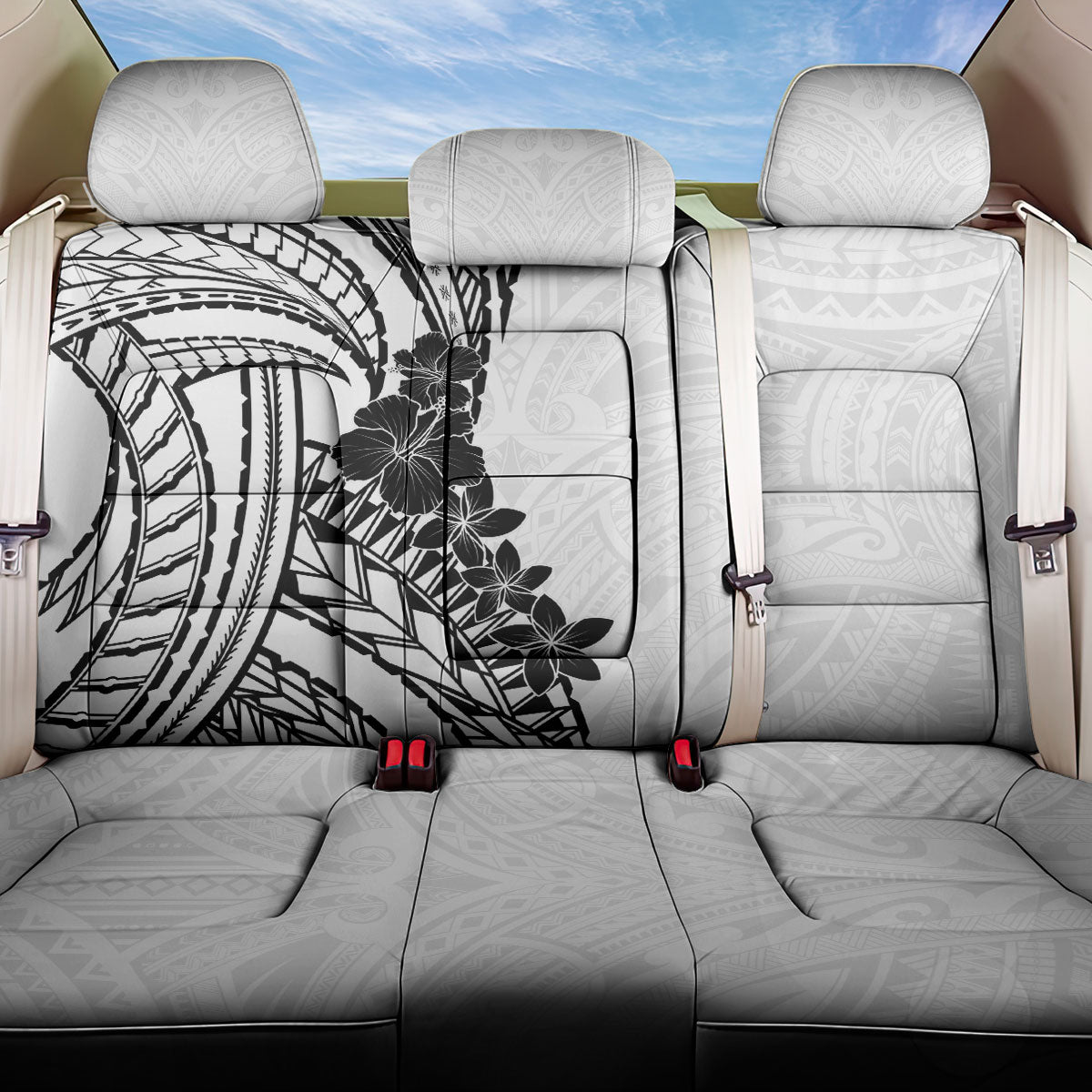 Black White Polynesia Tropical Flowers Back Car Seat Cover LT14 One Size White - Polynesian Pride