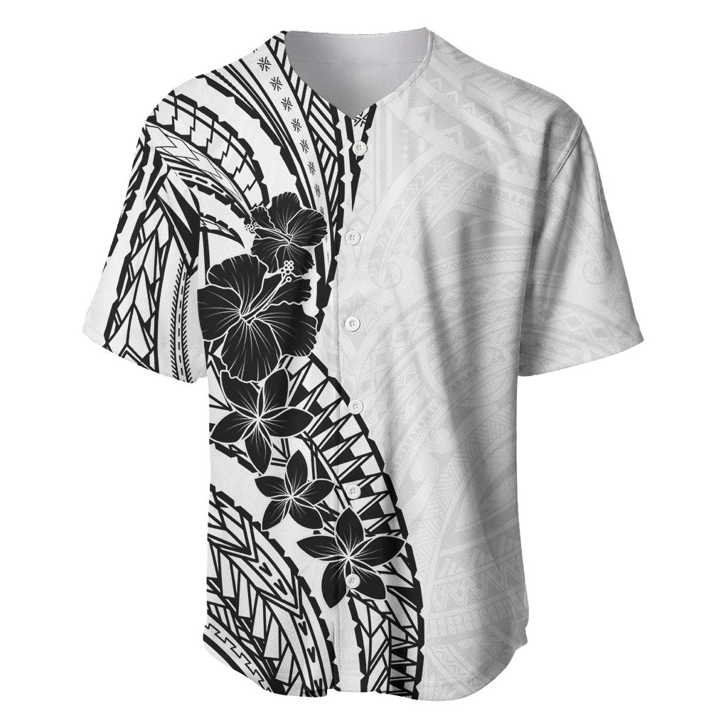 Black White Polynesia Tropical Flowers Baseball Jersey LT14 White - Polynesian Pride