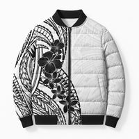 Black White Polynesia Tropical Flowers Bomber Puffer Jacket LT14 Unisex White - Polynesian Pride