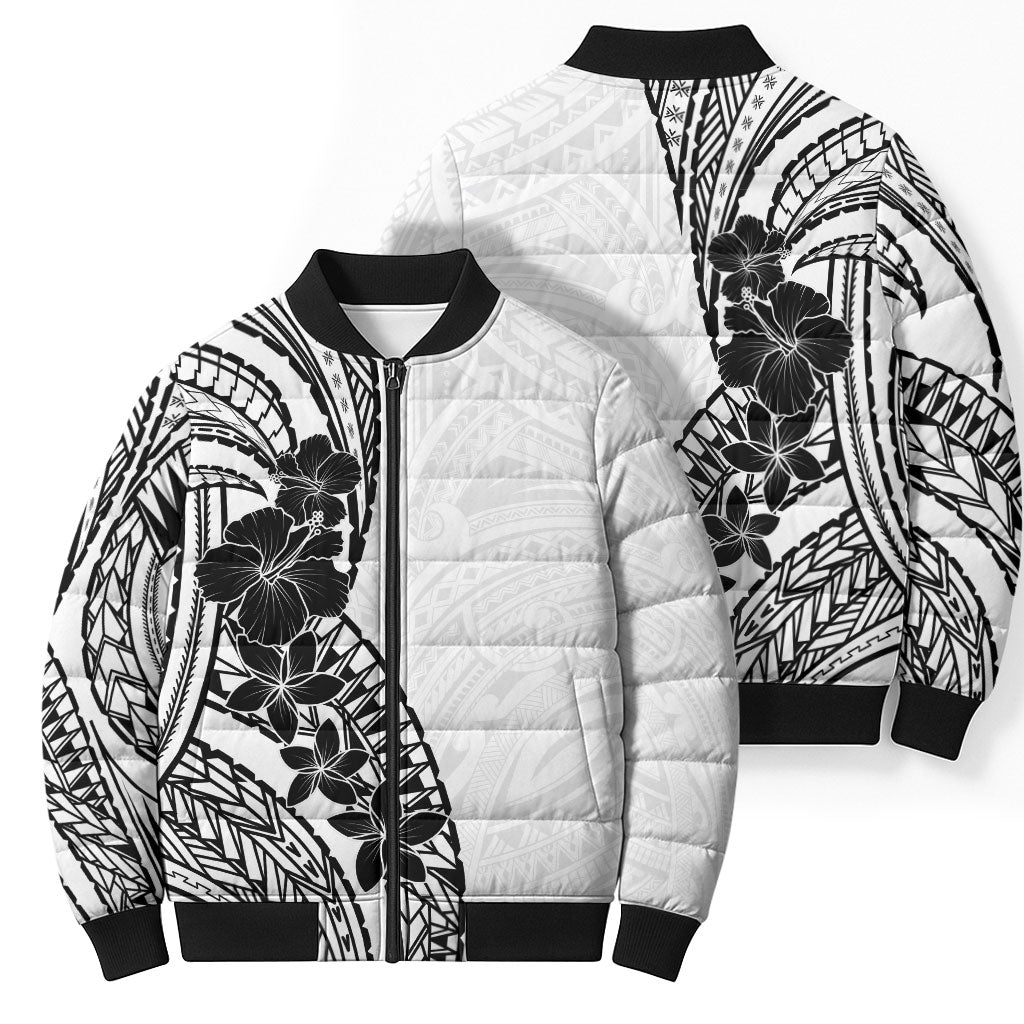 Black White Polynesia Tropical Flowers Bomber Puffer Jacket LT14 - Polynesian Pride