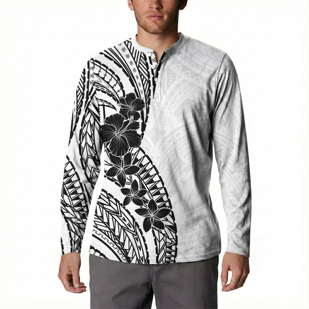 Black White Polynesia Tropical Flowers Button Sweatshirt LT14 - Polynesian Pride
