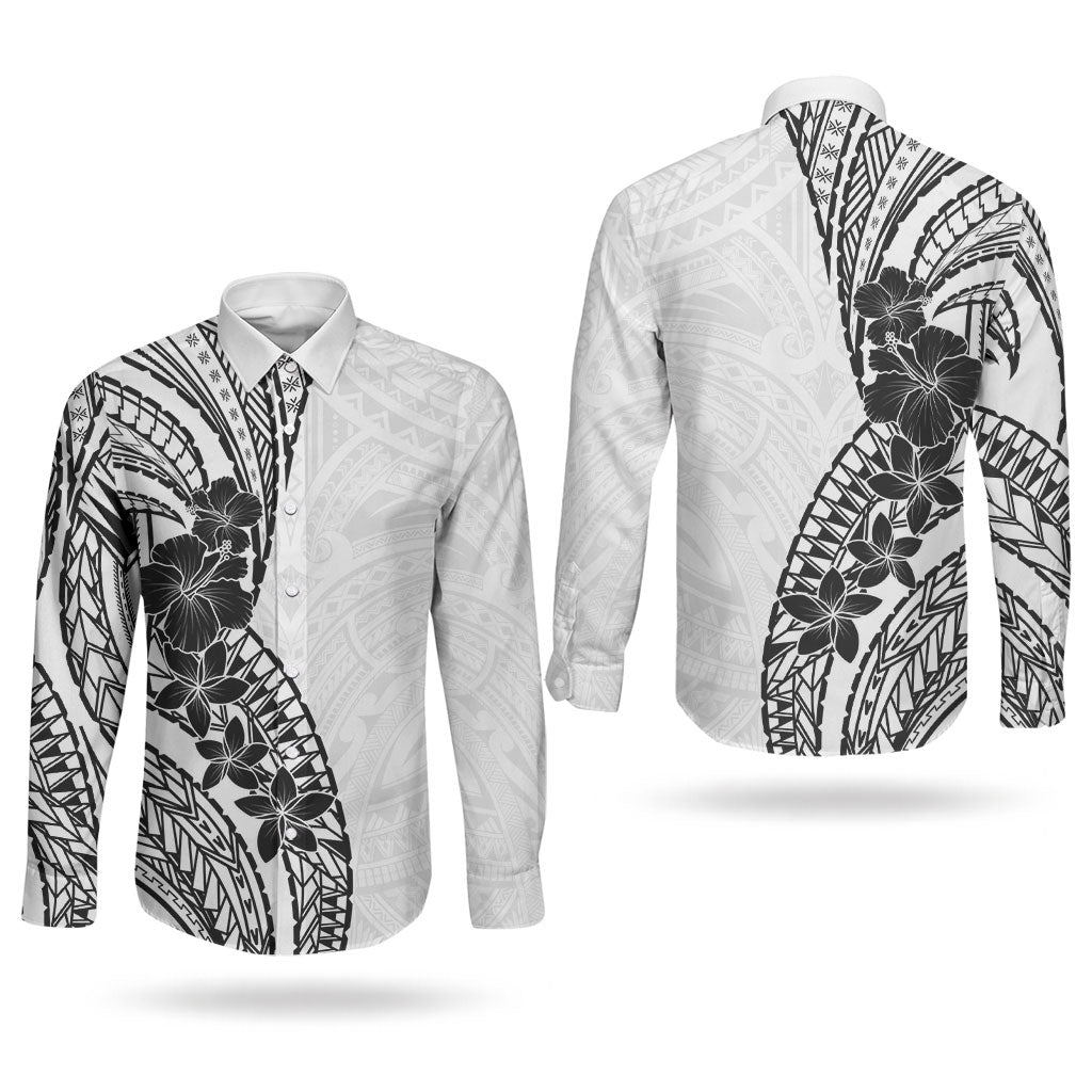Black White Polynesia Tropical Flowers Couples Matching Tank Maxi Dress and Long Sleeve Button Shirt LT14 - Polynesian Pride