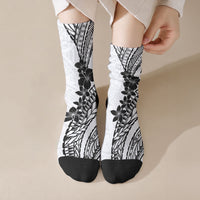 Black White Polynesia Tropical Flowers Crew Socks