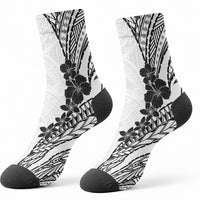 Black White Polynesia Tropical Flowers Crew Socks