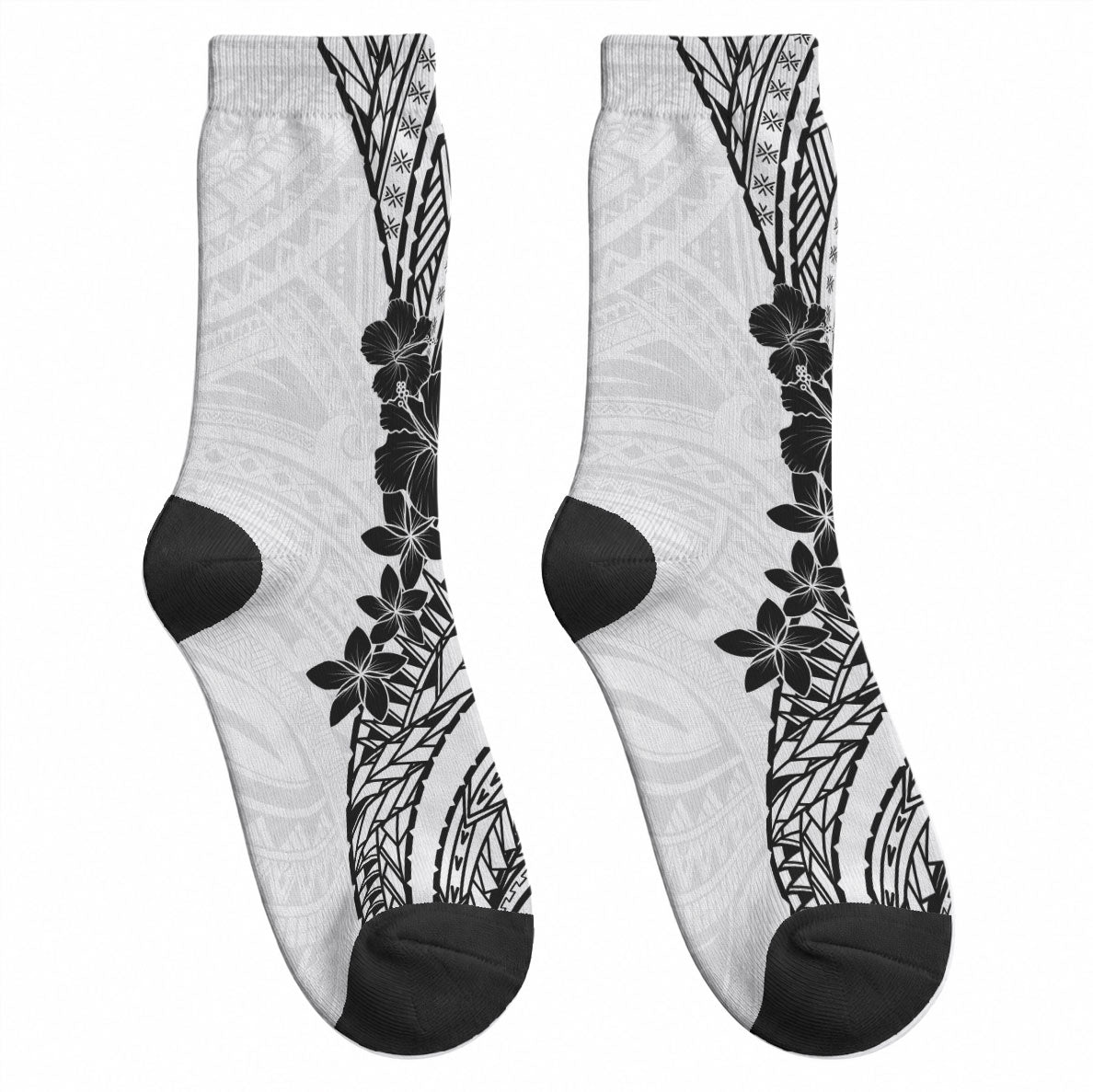 Black White Polynesia Tropical Flowers Crew Socks
