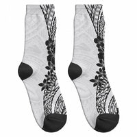 Black White Polynesia Tropical Flowers Crew Socks