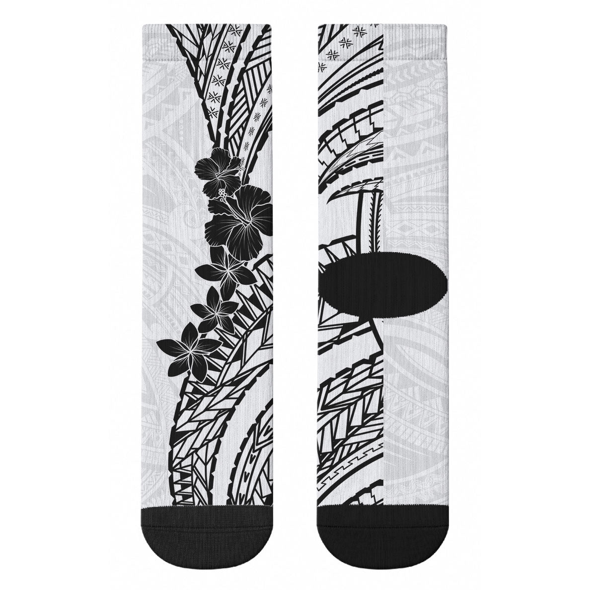 Black White Polynesia Tropical Flowers Crew Socks
