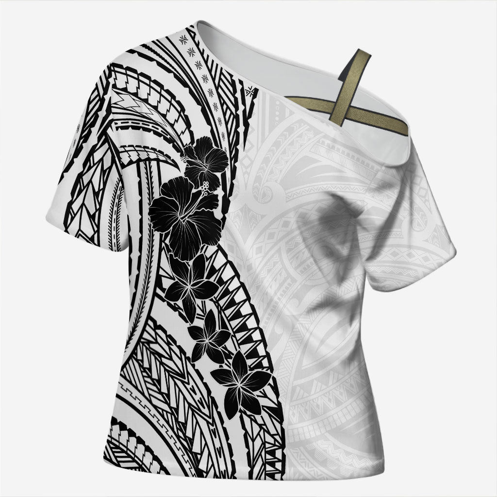Black White Polynesia Tropical Flowers Cross Shoulder Shirt