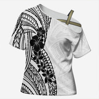 Black White Polynesia Tropical Flowers Cross Shoulder Shirt