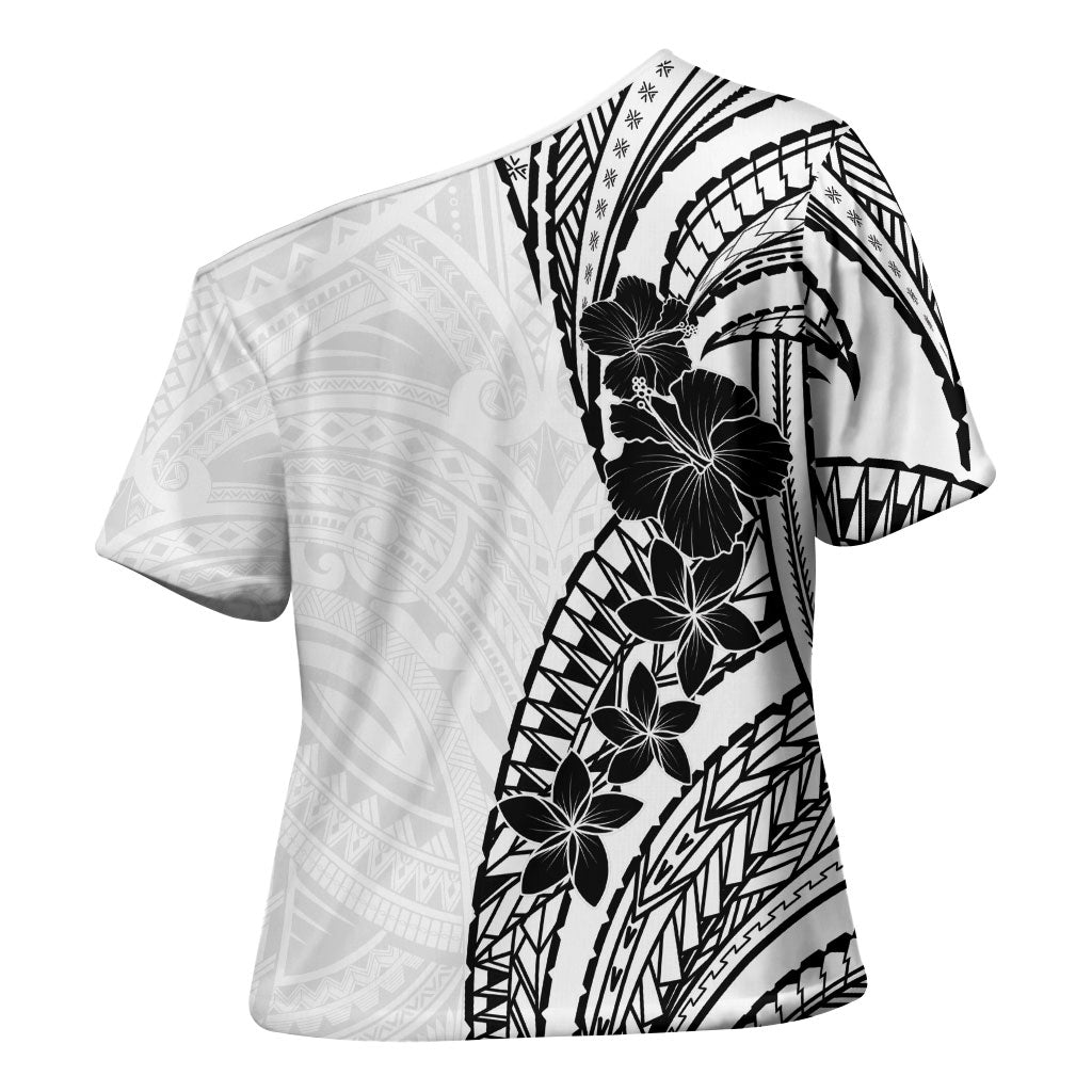 Black White Polynesia Tropical Flowers Cross Shoulder Shirt