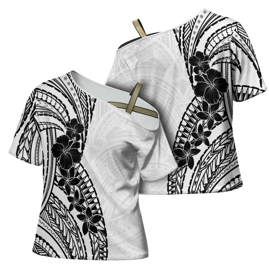 Black White Polynesia Tropical Flowers Cross Shoulder Shirt