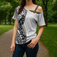 Black White Polynesia Tropical Flowers Cross Shoulder Shirt